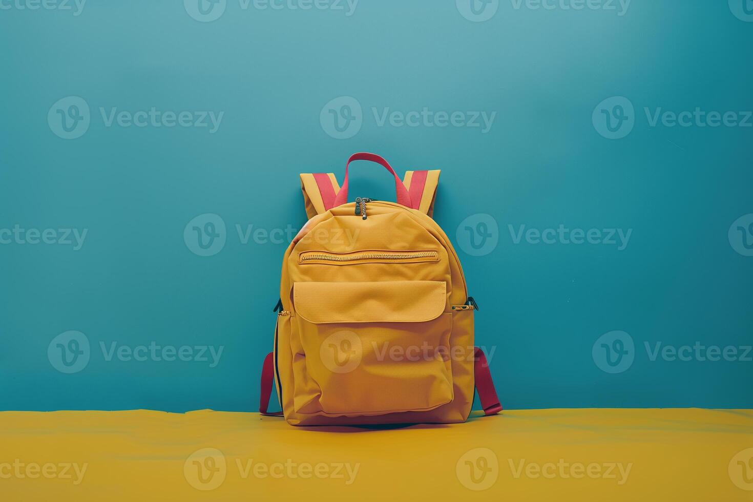 AI generated The yellow briefcase against a blue wall. Backpack, school briefcase, bagbook. Generated by artificial intelligence. photo