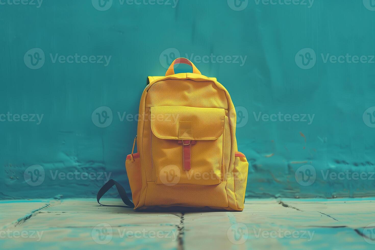 AI generated The yellow briefcase against a blue wall. Backpack, school briefcase, bagbook. Generated by artificial intelligence. photo