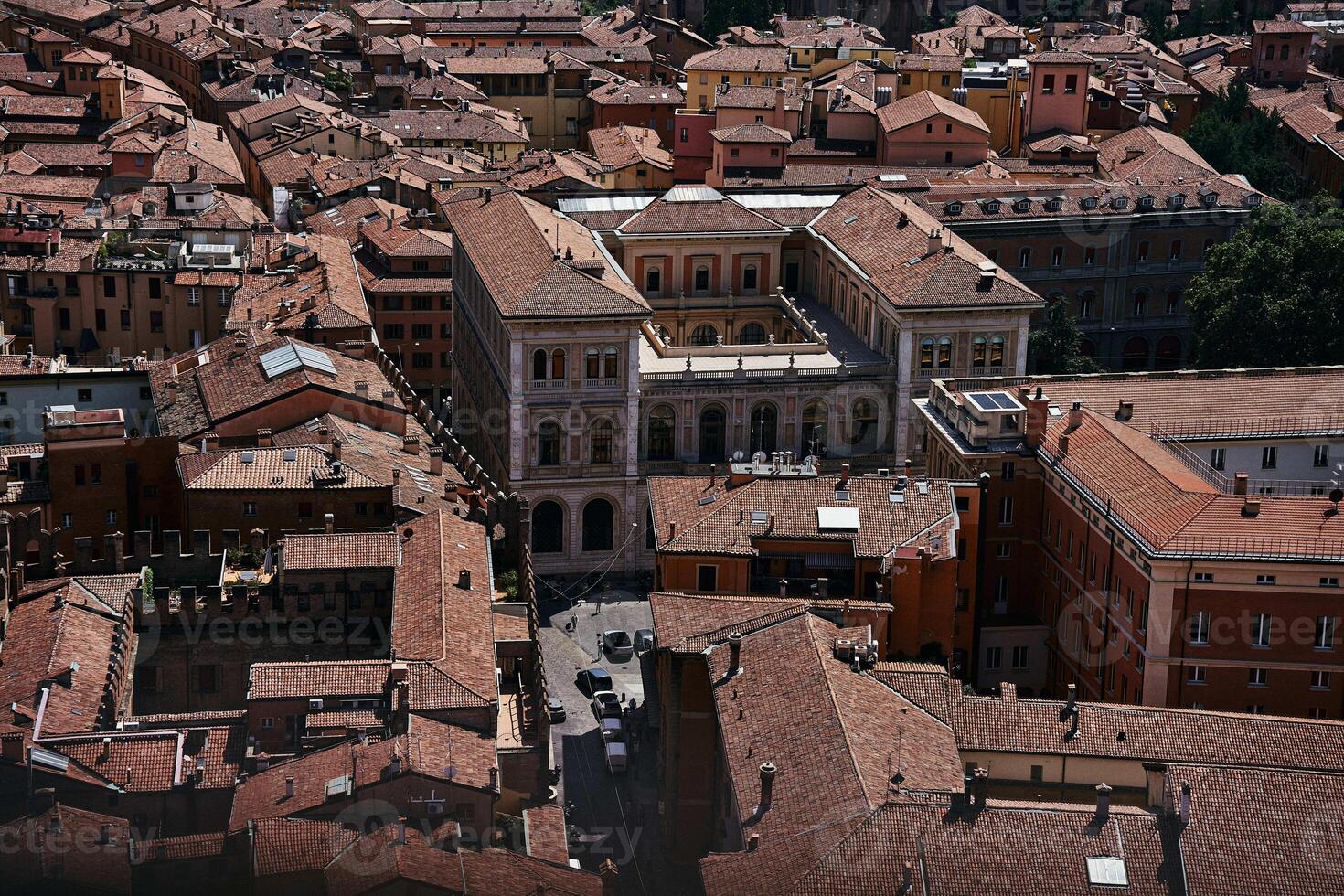 top view of the terracotta roofs of Bologna, the atmosphere of the Italian summer photo