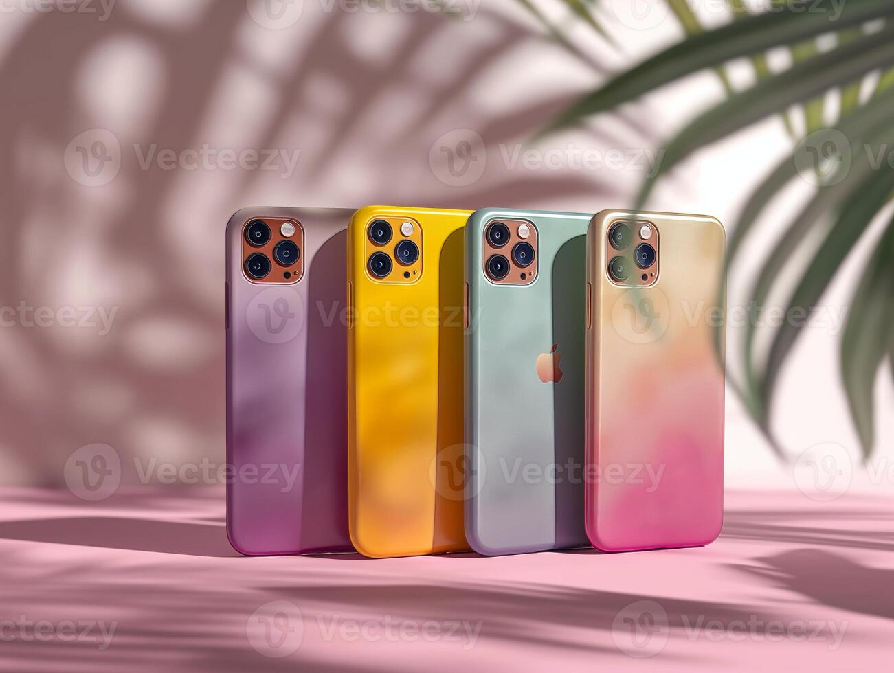 AI generated Four phones in colorful cases on a pastel background. Created by artificial intelligence. photo