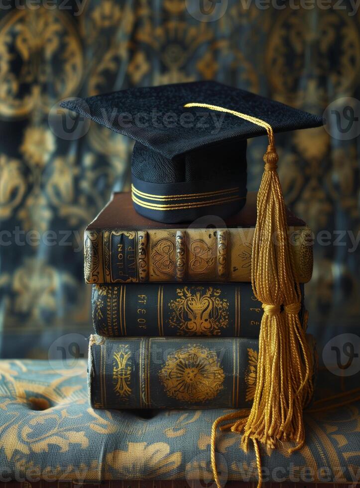 AI generated A graduation cap and books with golden tassels on the topand books. Generated by artificial intelligence. photo