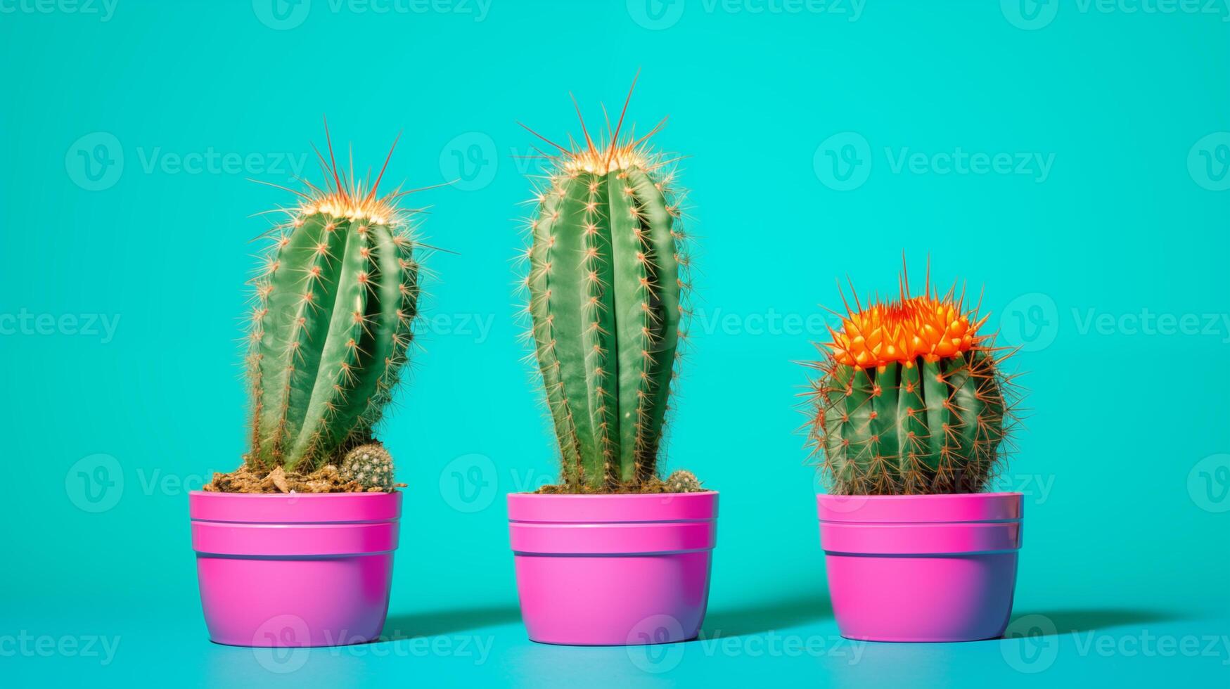AI generated Three cactus plants on a blue background. Generated by artificial intelligence. photo