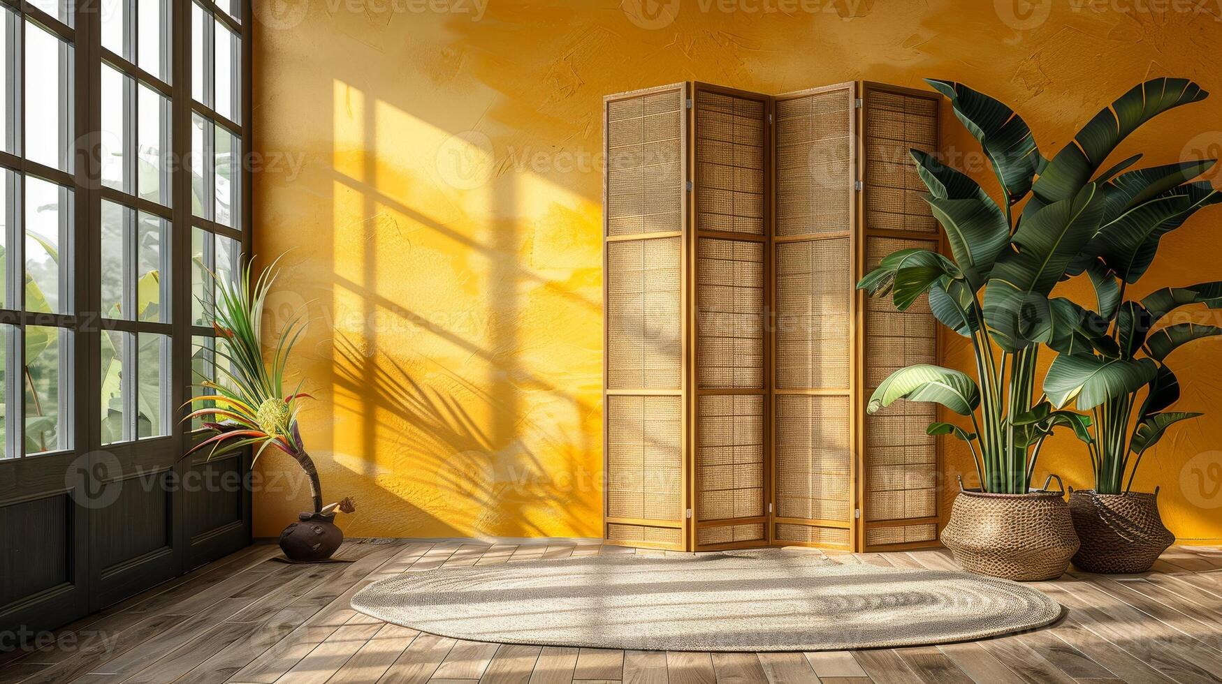 AI Generated Yellow wall with folding screen, shelving unit and houseplant photo