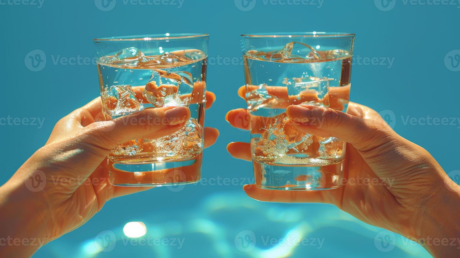 AI Generated The hands of a female with a glass of water are shown against a light blue background photo