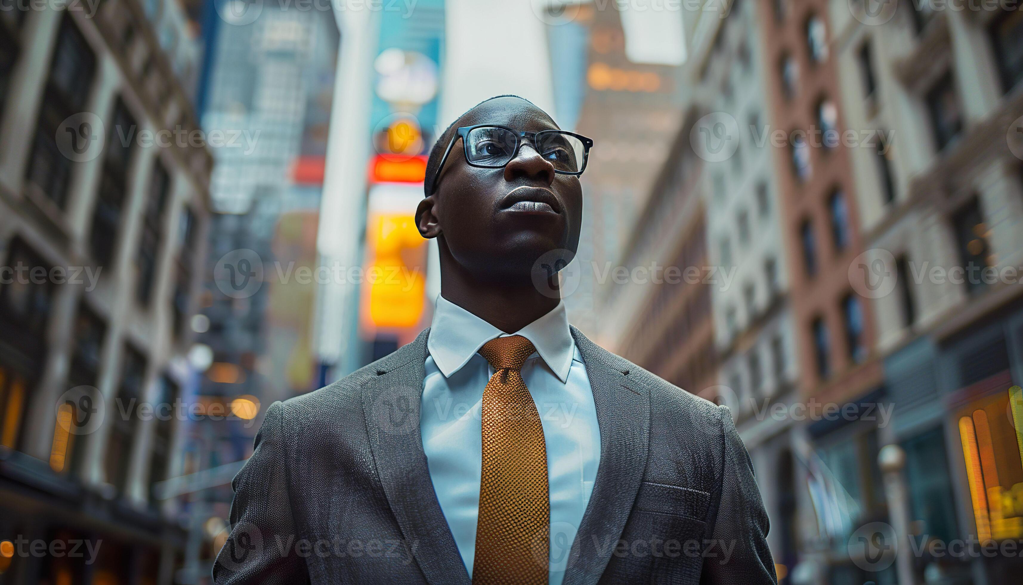 AI generated A confident businessman stands poised in a bustling city environment, embodying