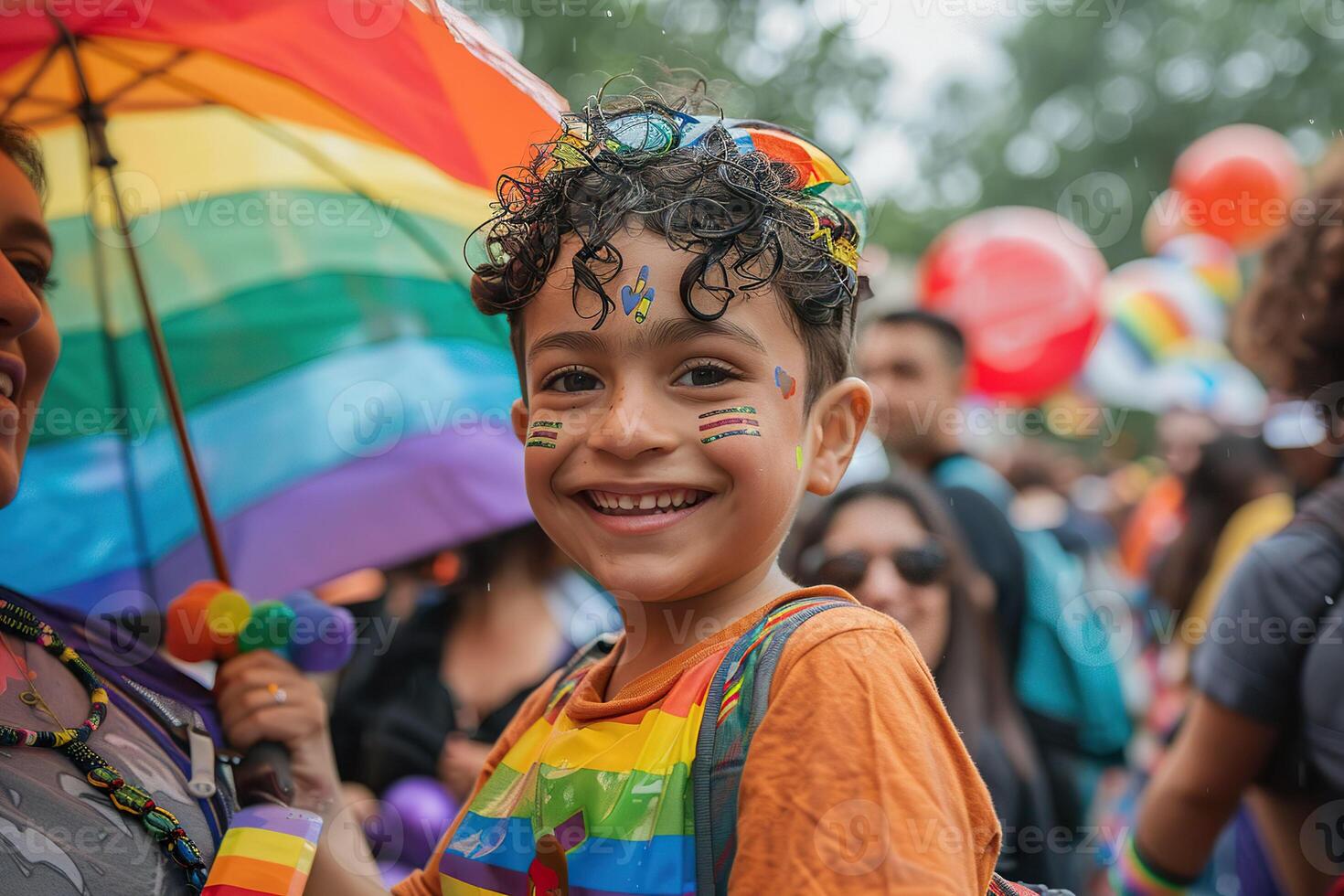 AI generated A child's infectious smile brightens the scene at a pride parade, his face adorned with rainbow stickers and pride colors under a vibrant umbrella. Generative AI. photo