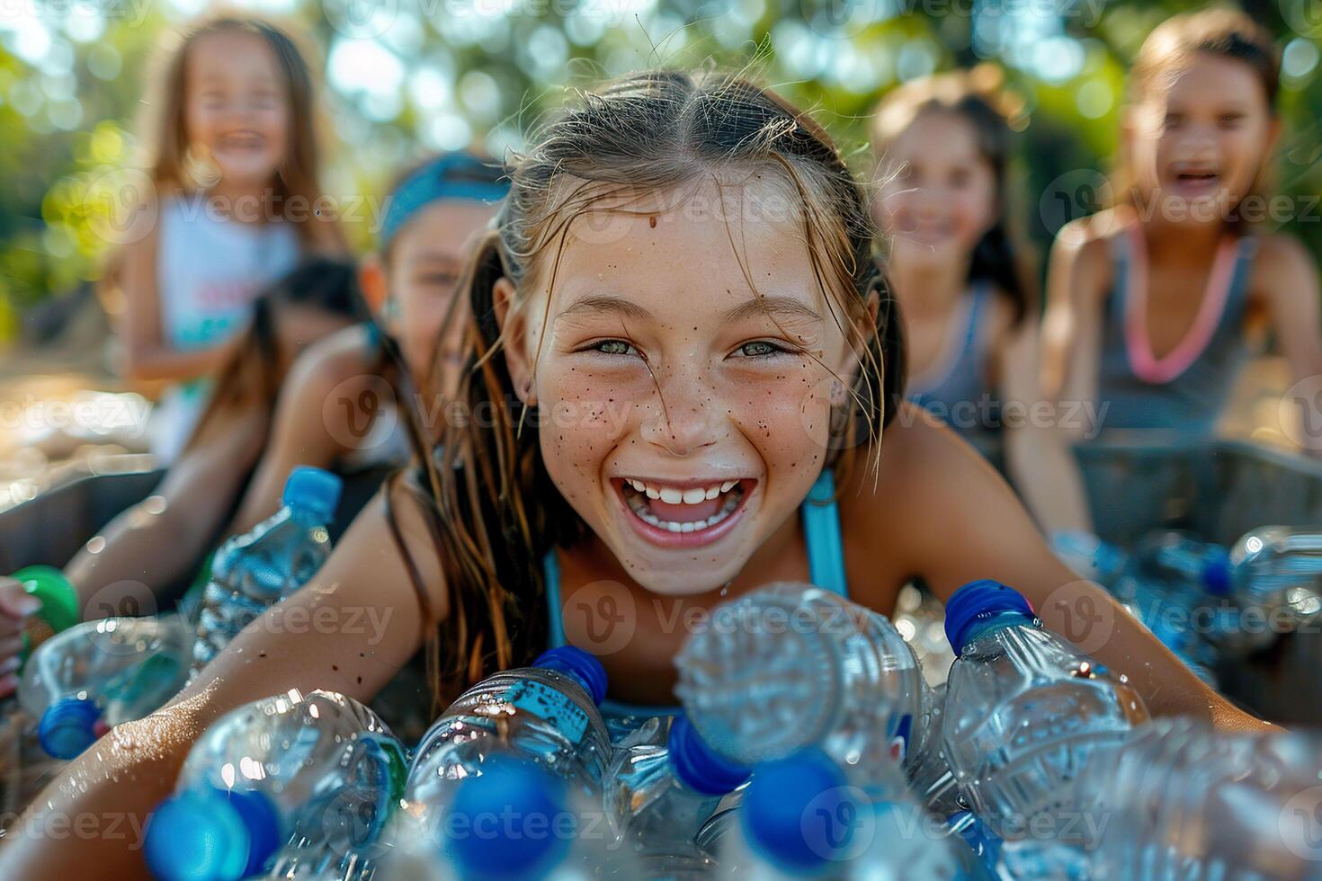 AI generated A young girl smiling with delight, surrounded by a sea of recyclable plastic bottles, capturing the spirit of environmental education and playfulness. Generative AI. photo