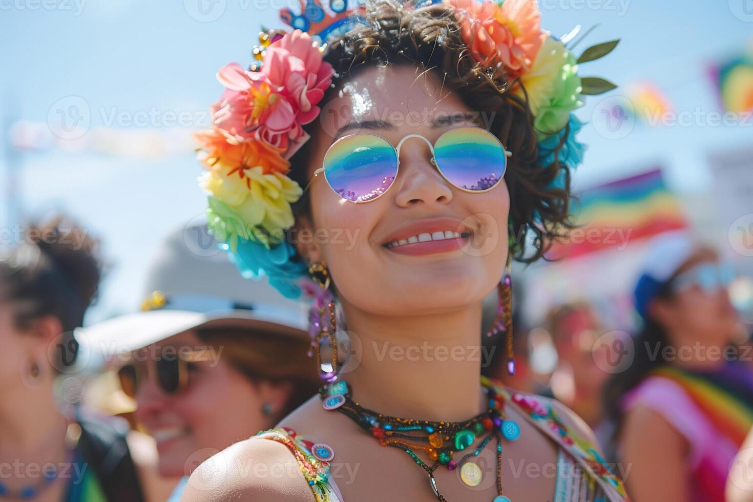 AI generated A joyful young woman celebrating a pride parade, adorned with colorful accessories and a crown of flowers. Generative AI. photo