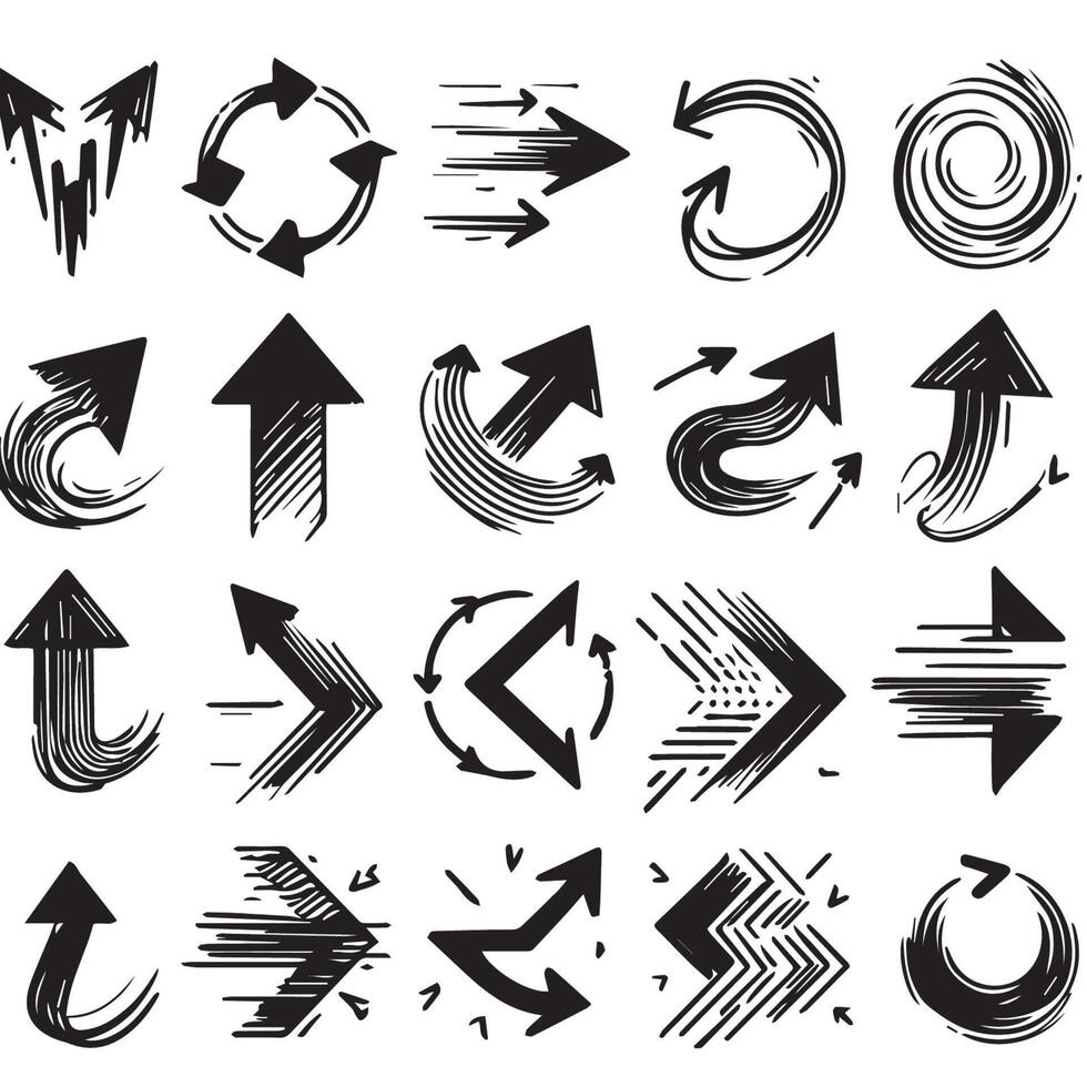 A Collection of Scribble Arrow Strokes in Varied Sizes and Directions, Black brush stroke arrow set. vector