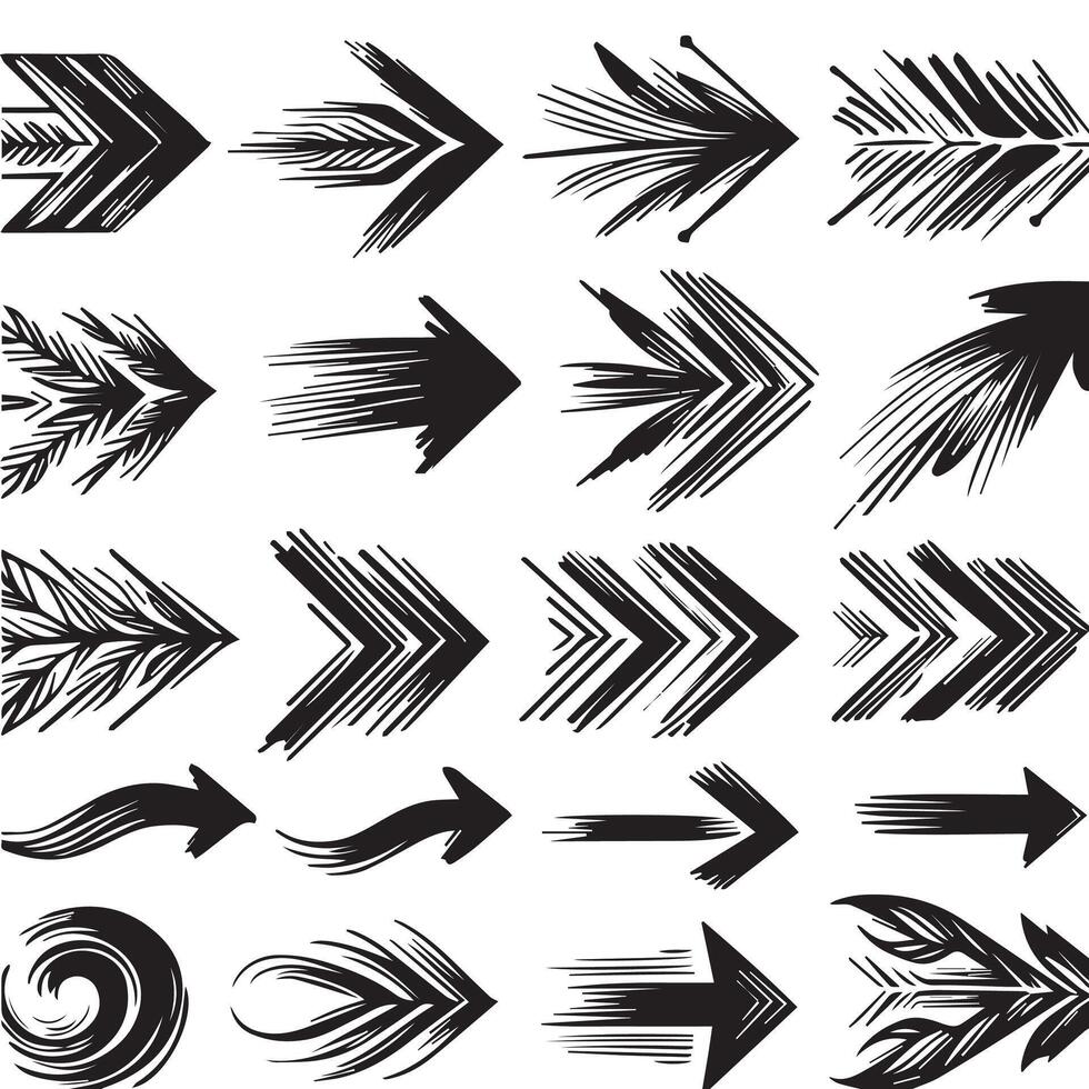 A Collection of Scribble Arrow Strokes in Varied Sizes and Directions, Black brush stroke arrow set. vector