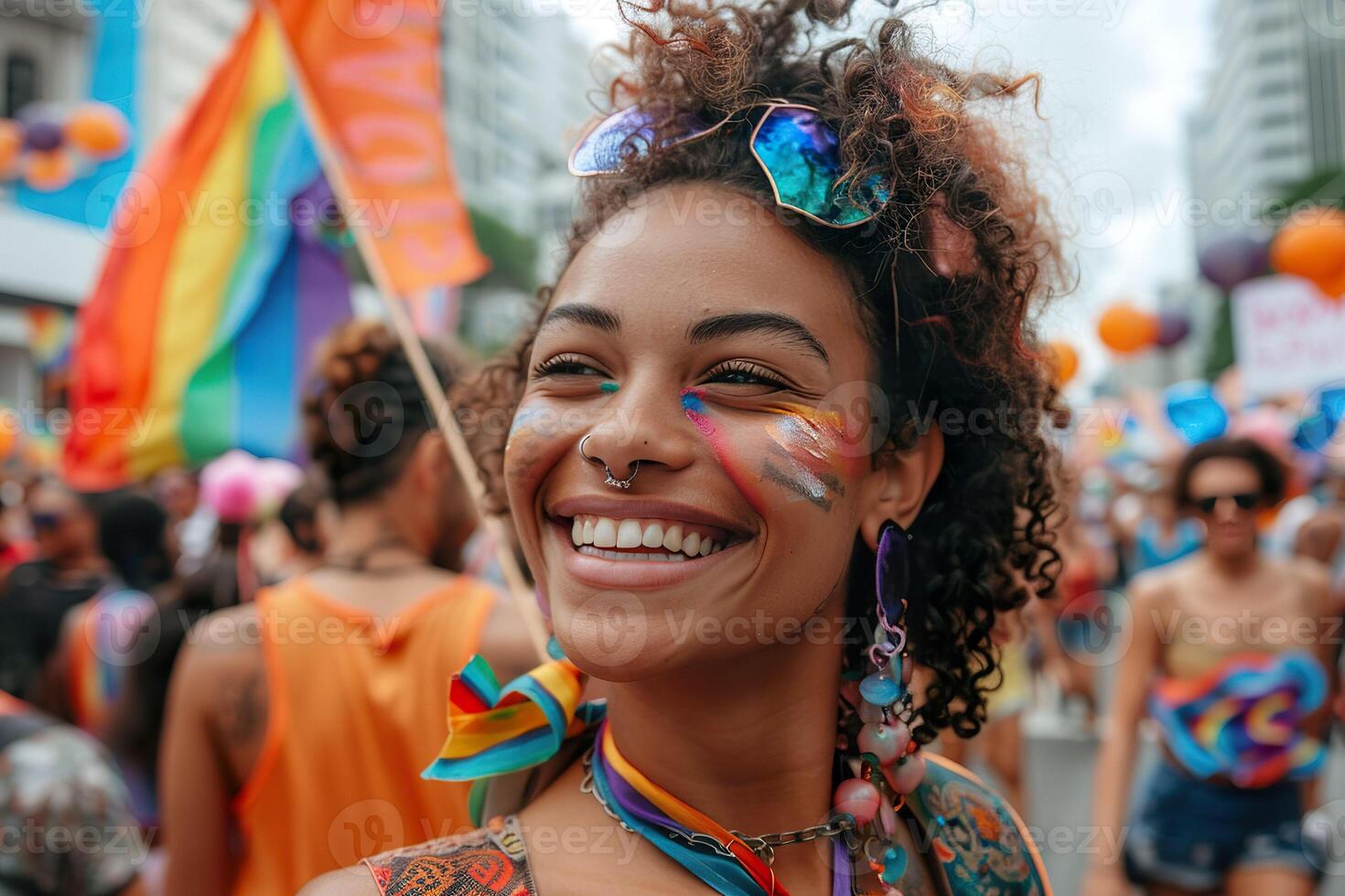 AI generated A jubilant woman with face paint beams with happiness amidst the festive atmosphere of a pride parade, her joy as vivid as the surrounding flags. Generative AI. photo