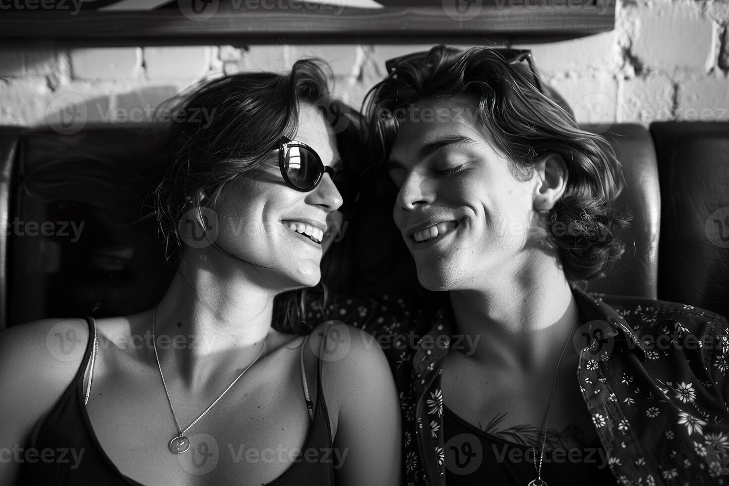 AI generated Black and white image capturing a tender moment between a smiling same-gender couples during Pride Month. Generative AI. photo