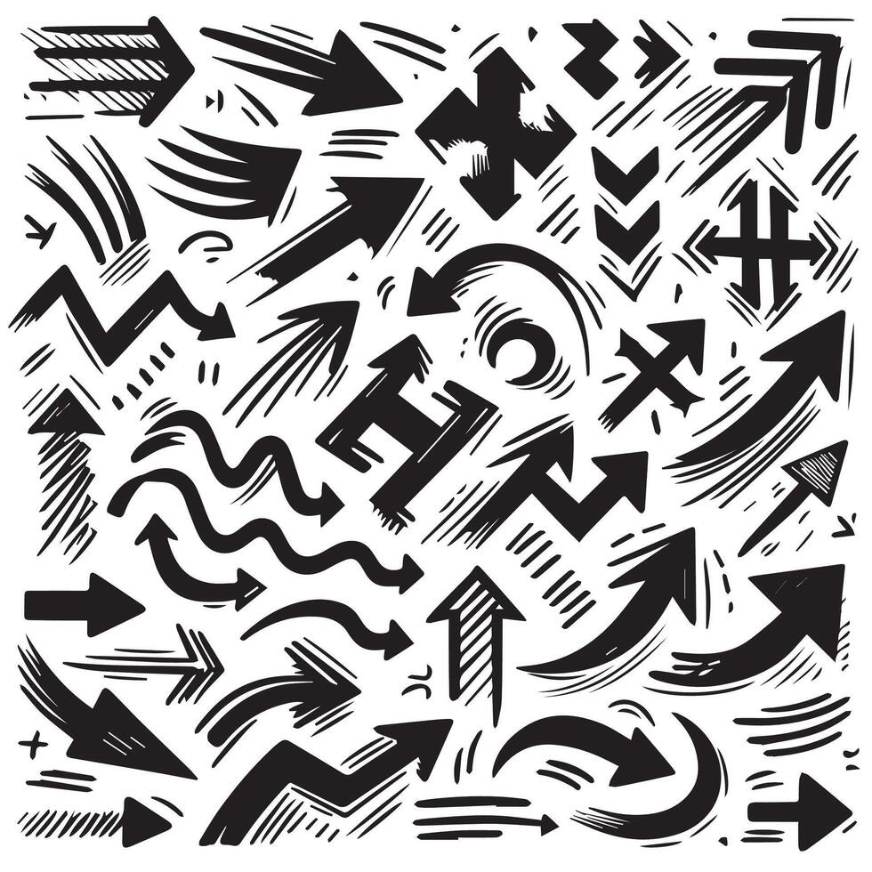 A Collection of Scribble Arrow Strokes in Varied Sizes and Directions, Black brush stroke arrow set. vector