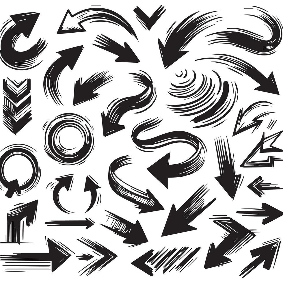 A Collection of Scribble Arrow Strokes in Varied Sizes and Directions, Black brush stroke arrow set. vector