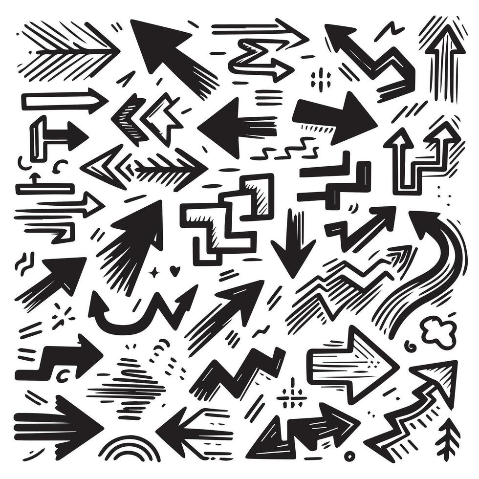 A Collection of Scribble Arrow Strokes in Varied Sizes and Directions, Black brush stroke arrow set. vector