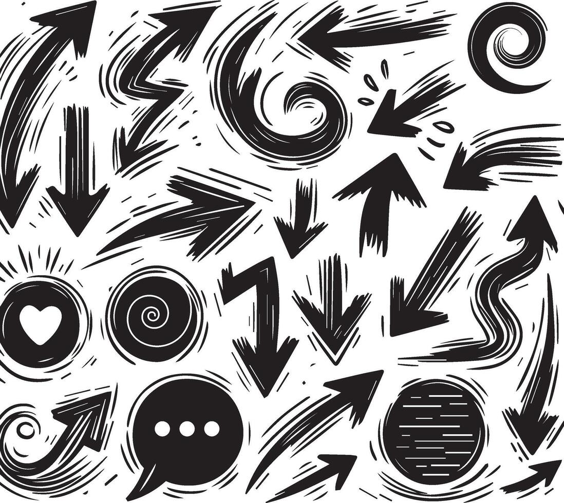 A Collection of Scribble Arrow Strokes in Varied Sizes and Directions, Black brush stroke arrow set. vector