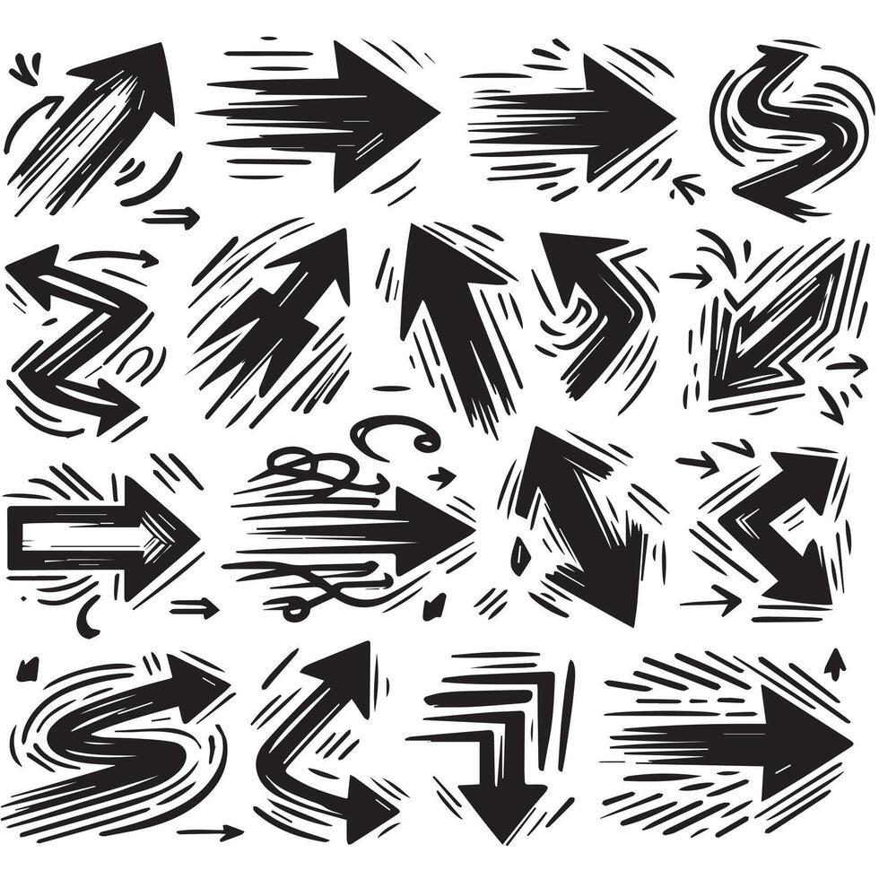 A Collection of Scribble Arrow Strokes in Varied Sizes and Directions, Black brush stroke arrow set. vector