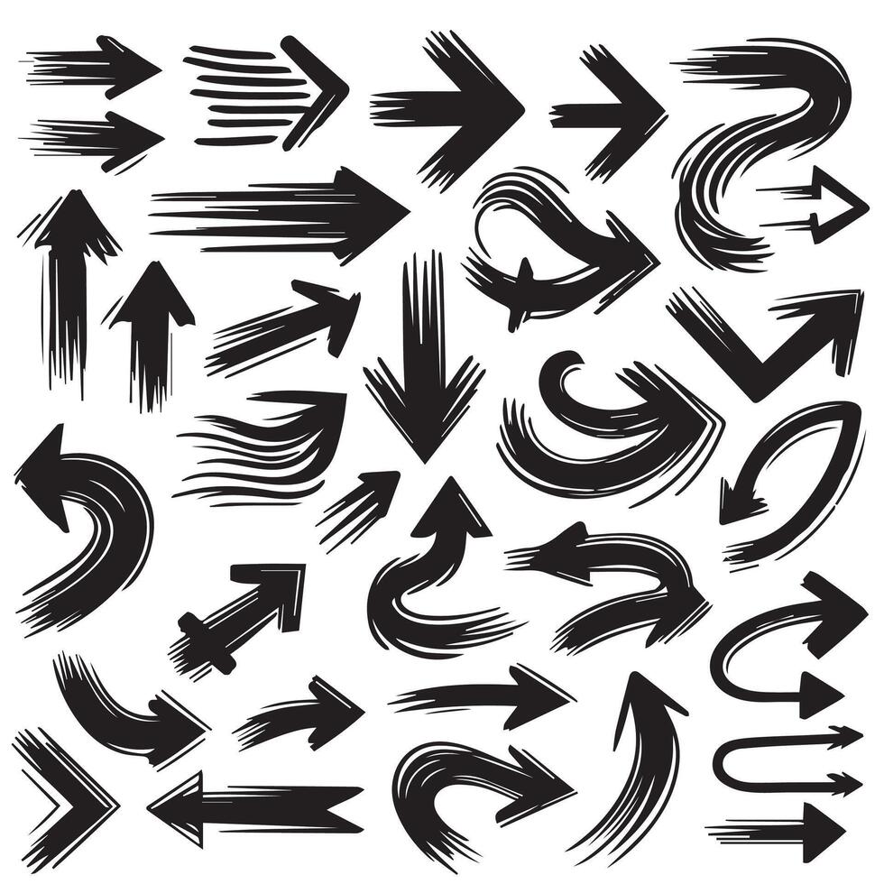 A Collection of Scribble Arrow Strokes in Varied Sizes and Directions, Black brush stroke arrow set. vector