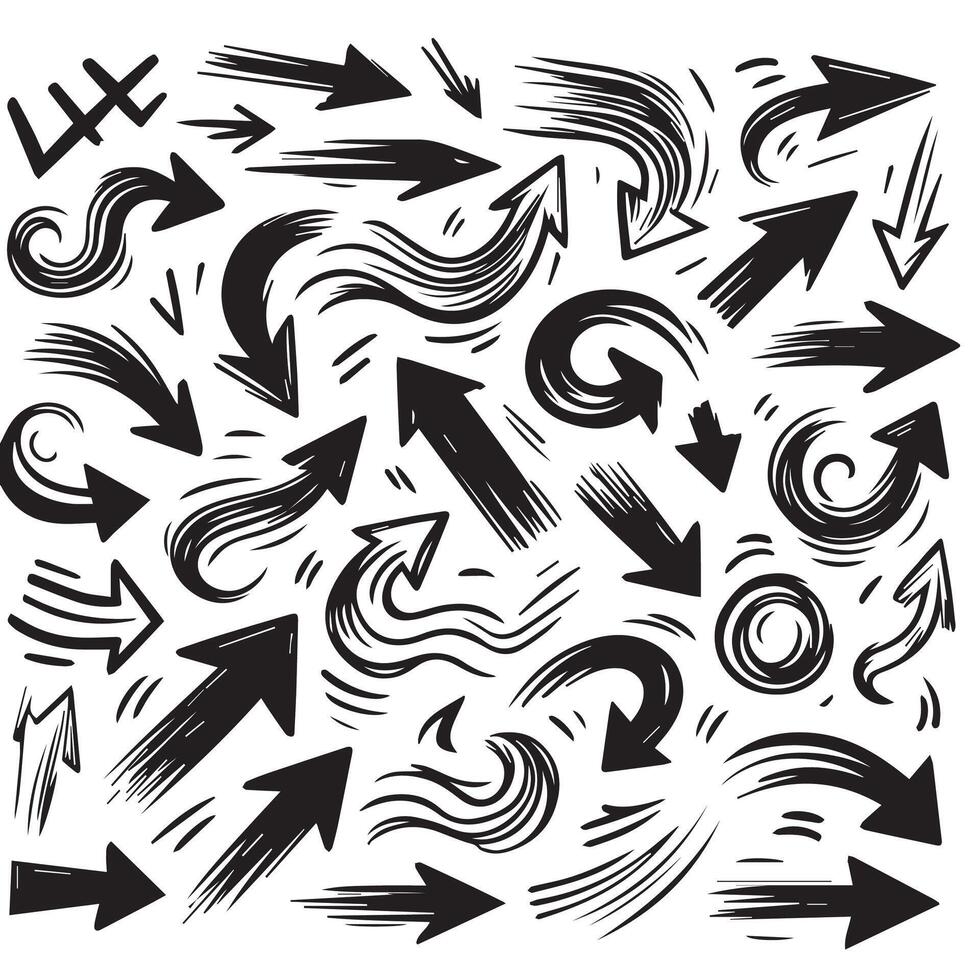 A Collection of Scribble Arrow Strokes in Varied Sizes and Directions, Black brush stroke arrow set. vector