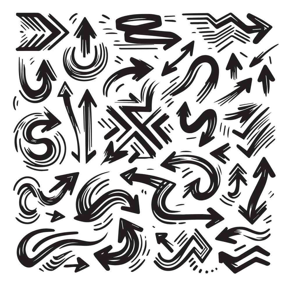 A Collection of Scribble Arrow Strokes in Varied Sizes and Directions, Black brush stroke arrow set. vector
