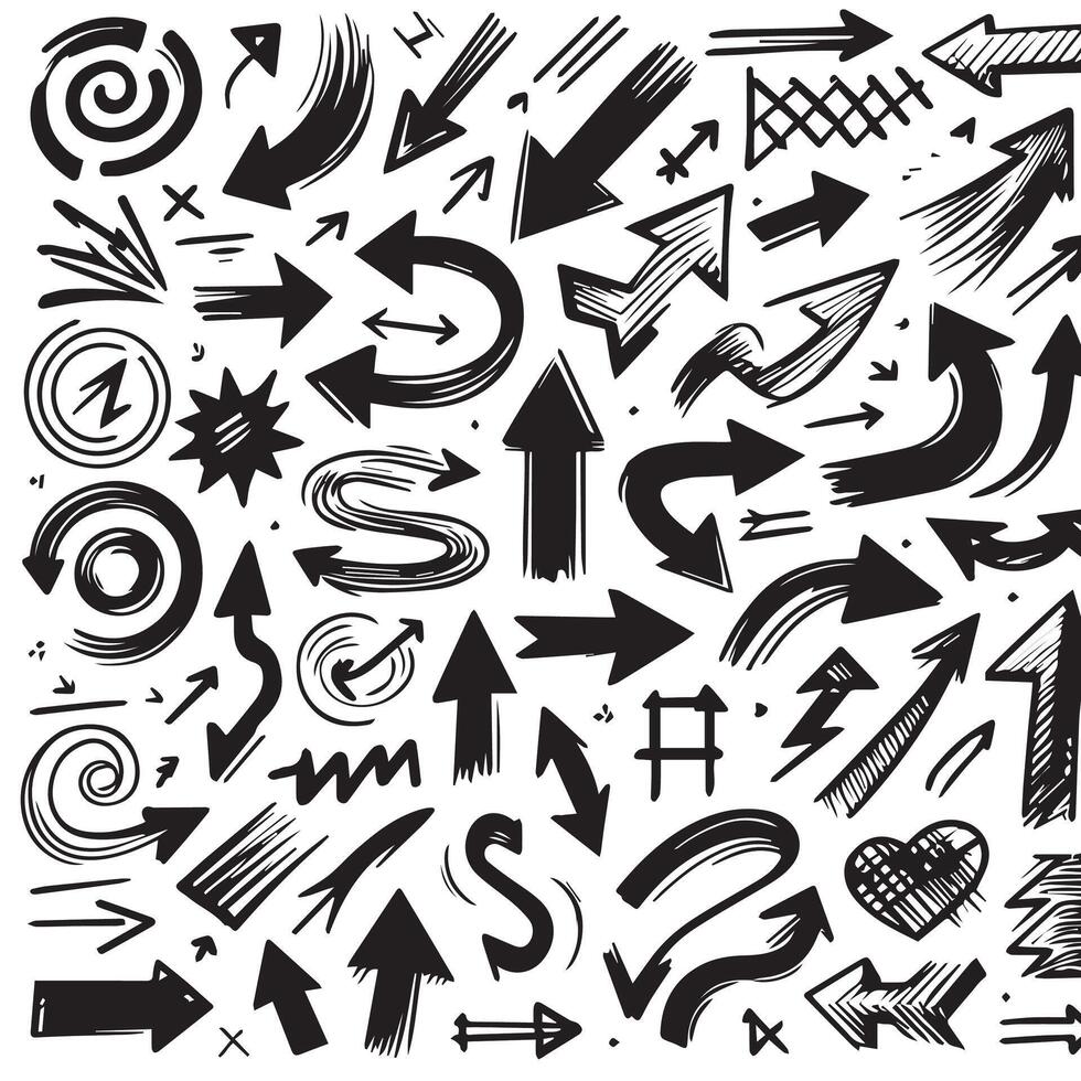 A Collection of Scribble Arrow Strokes in Varied Sizes and Directions, Black brush stroke arrow set. vector