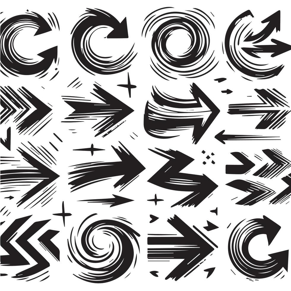 un colección de Escribiendo flecha golpes en variado tamaños y direcciones, negro cepillo carrera flecha colocar. vector