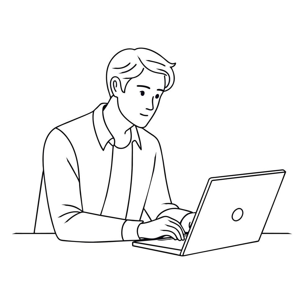 Man working laptop continuous line art vector illustration