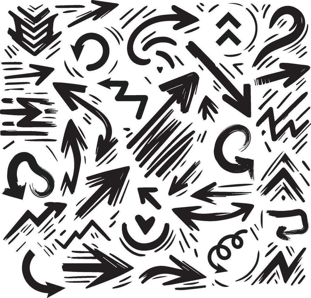 A Collection of Scribble Arrow Strokes in Varied Sizes and Directions, Black brush stroke arrow set. vector