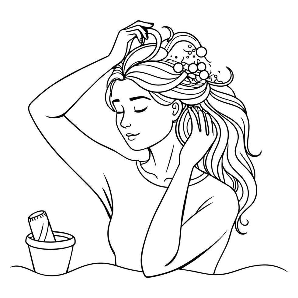 Girl washing her hair continuous line art vector illustration.