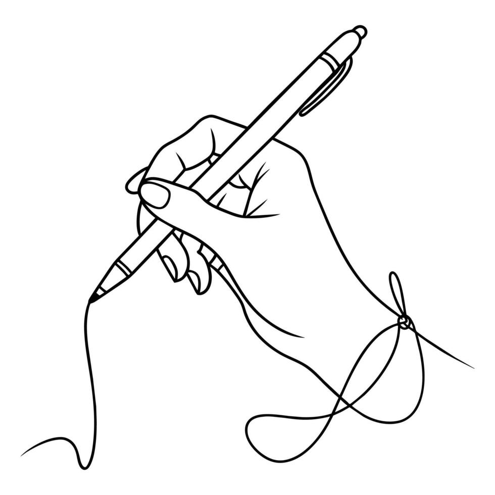 Hand holding a pen continuous line art vector illustration.