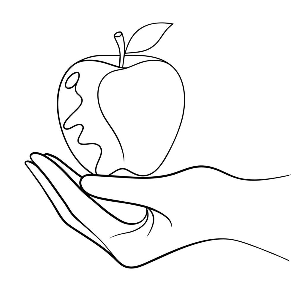 Hand holding an apple continuous line art vector illustration.