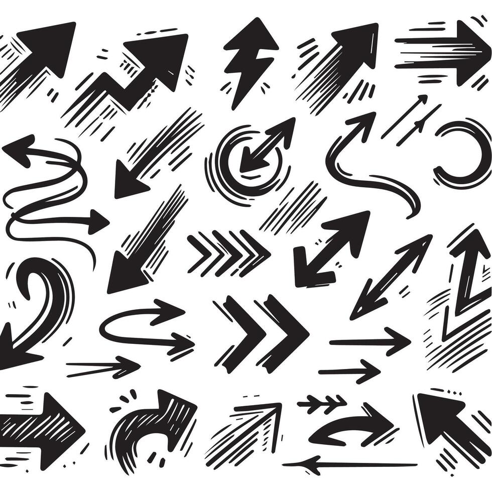 A Collection of Scribble Arrow Strokes in Varied Sizes and Directions, Black brush stroke arrow set. vector