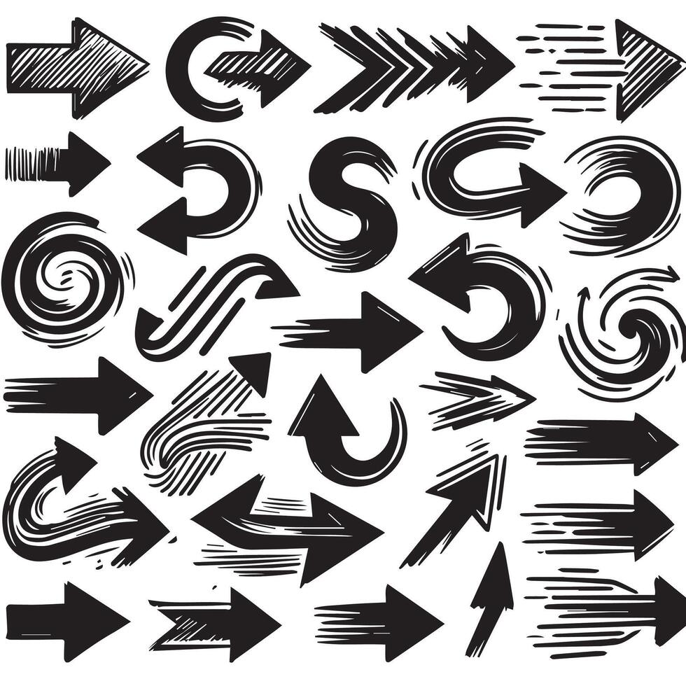 A Collection of Scribble Arrow Strokes in Varied Sizes and Directions, Black brush stroke arrow set. vector