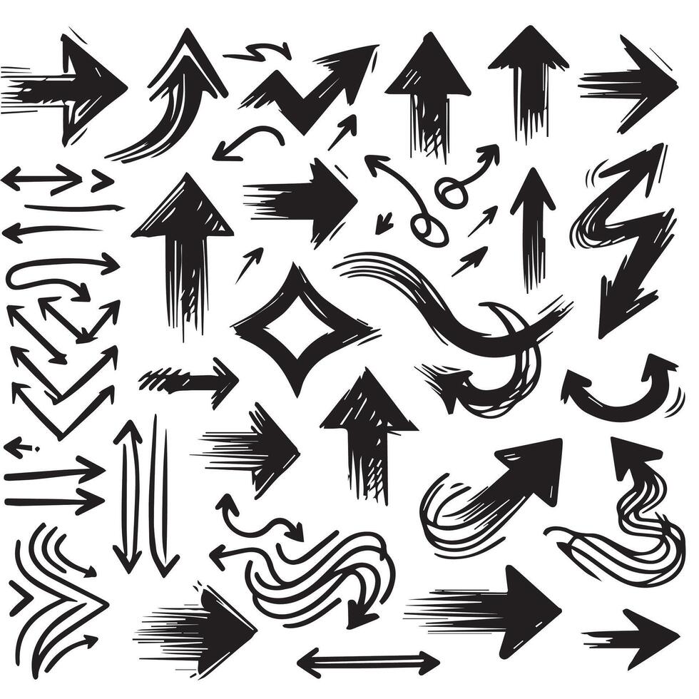 A Collection of Scribble Arrow Strokes in Varied Sizes and Directions, Black brush stroke arrow set. vector