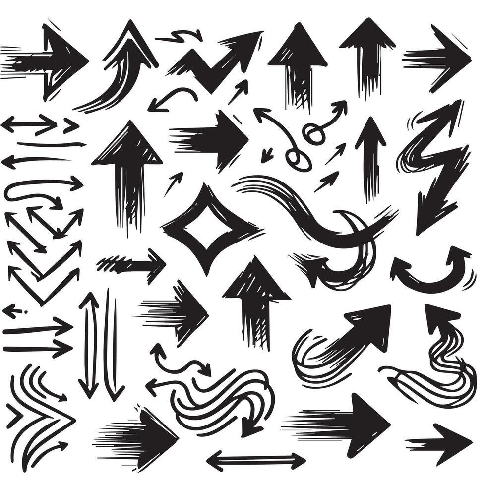 A Collection of Scribble Arrow Strokes in Varied Sizes and Directions, Black brush stroke arrow set. vector