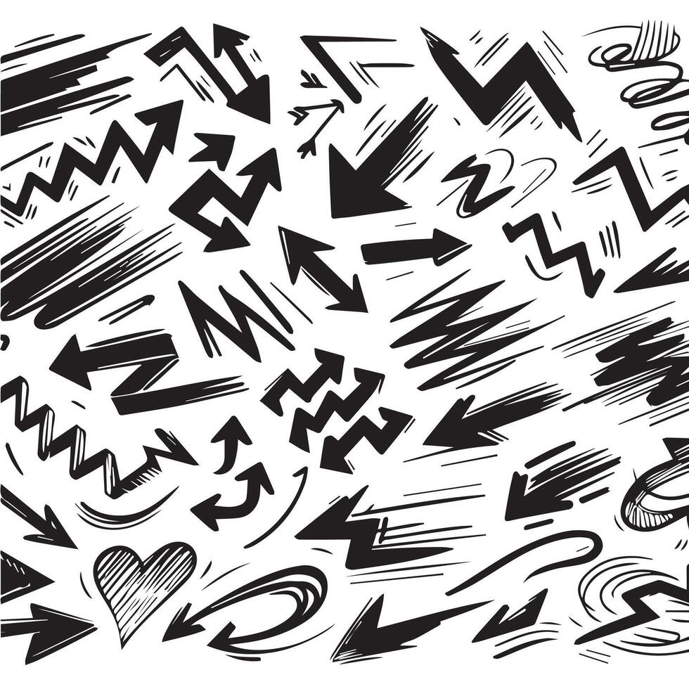 A Collection of Scribble Arrow Strokes in Varied Sizes and Directions, Black brush stroke arrow set. vector