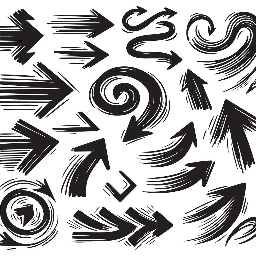 A Collection of Scribble Arrow Strokes in Varied Sizes and Directions, Black brush stroke arrow set. vector