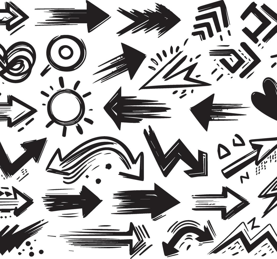 A Collection of Scribble Arrow Strokes in Varied Sizes and Directions, Black brush stroke arrow set. vector