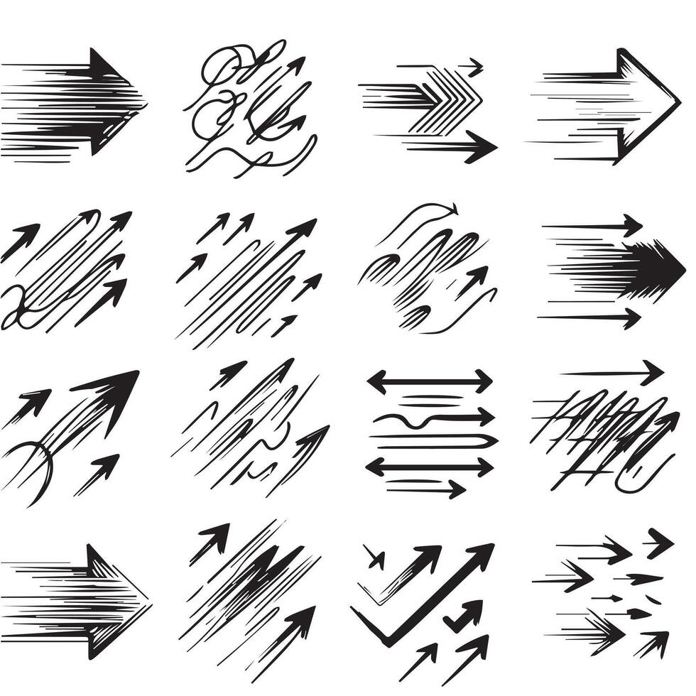 A Collection of Scribble Arrow Strokes in Varied Sizes and Directions vector
