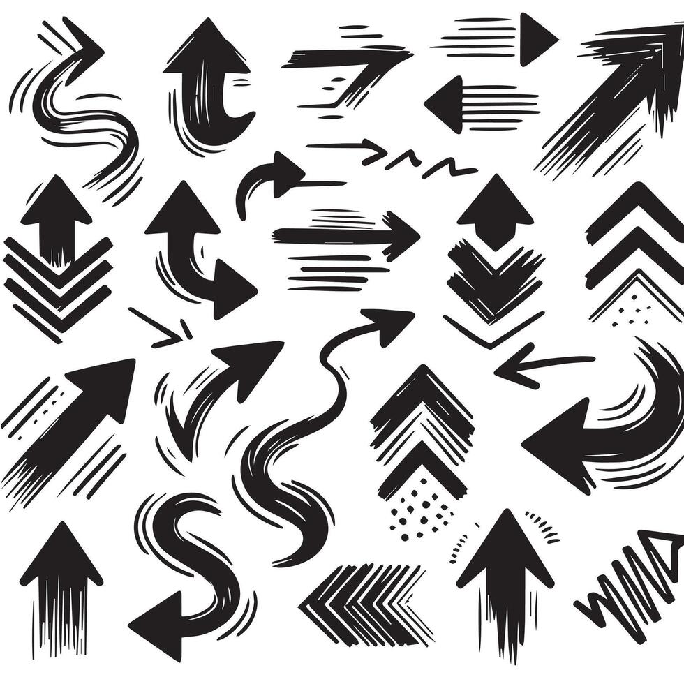 A Collection of Scribble Arrow Strokes in Varied Sizes and Directions, Black brush stroke arrow set. vector