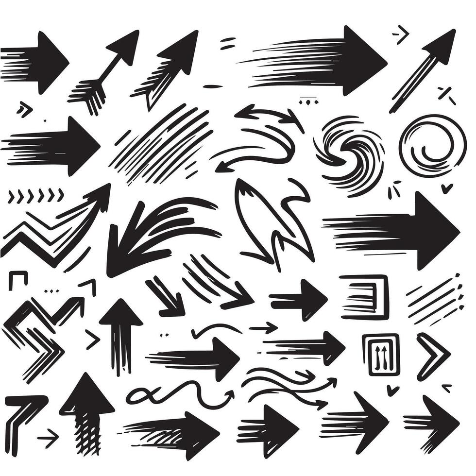 A Collection of Scribble Arrow Strokes in Varied Sizes and Directions, Black brush stroke arrow set. vector