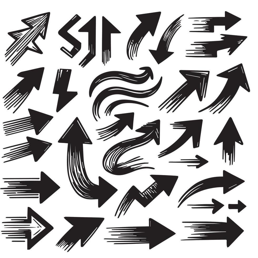 A Collection of Scribble Arrow Strokes in Varied Sizes and Directions, Black brush stroke arrow set. vector