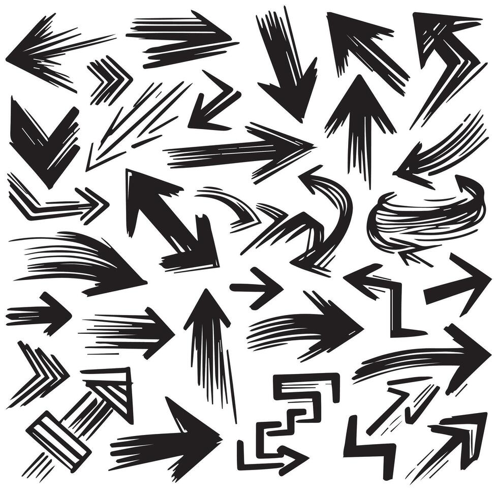 A Collection of Scribble Arrow Strokes in Varied Sizes and Directions, Black brush stroke arrow set. vector