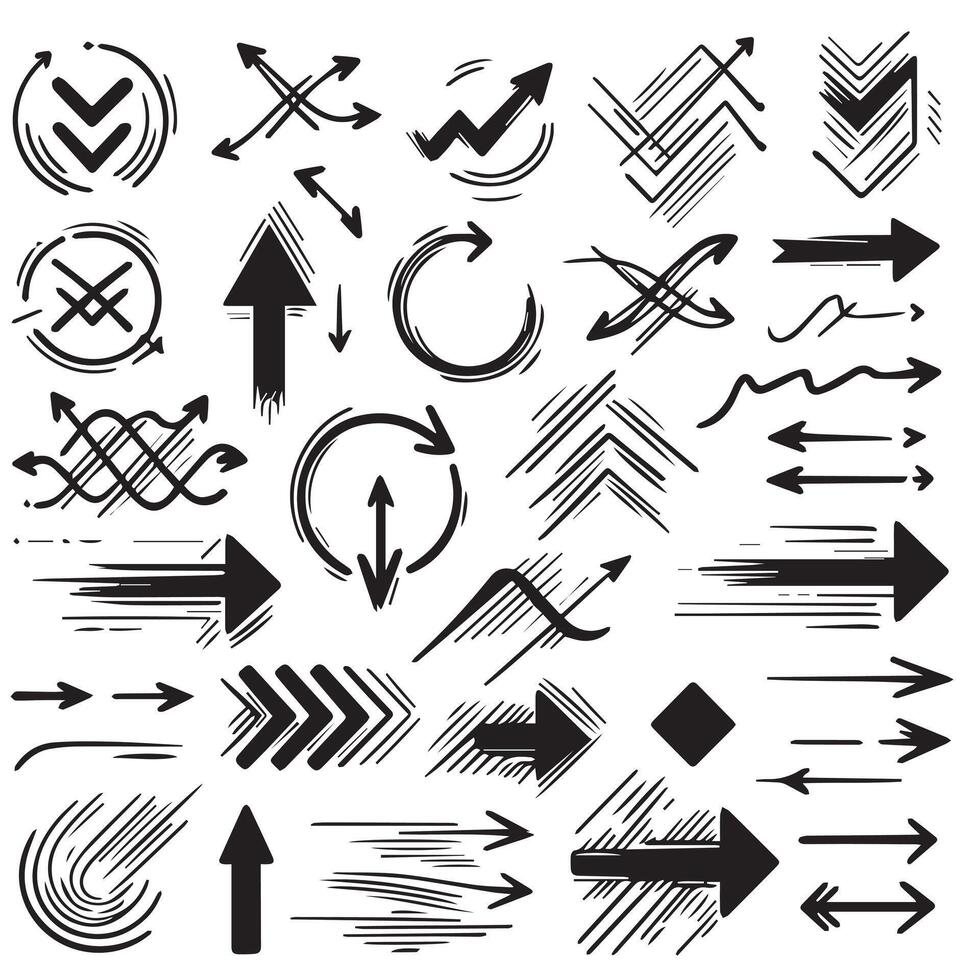 A Collection of Scribble Arrow Strokes in Varied Sizes and Directions vector