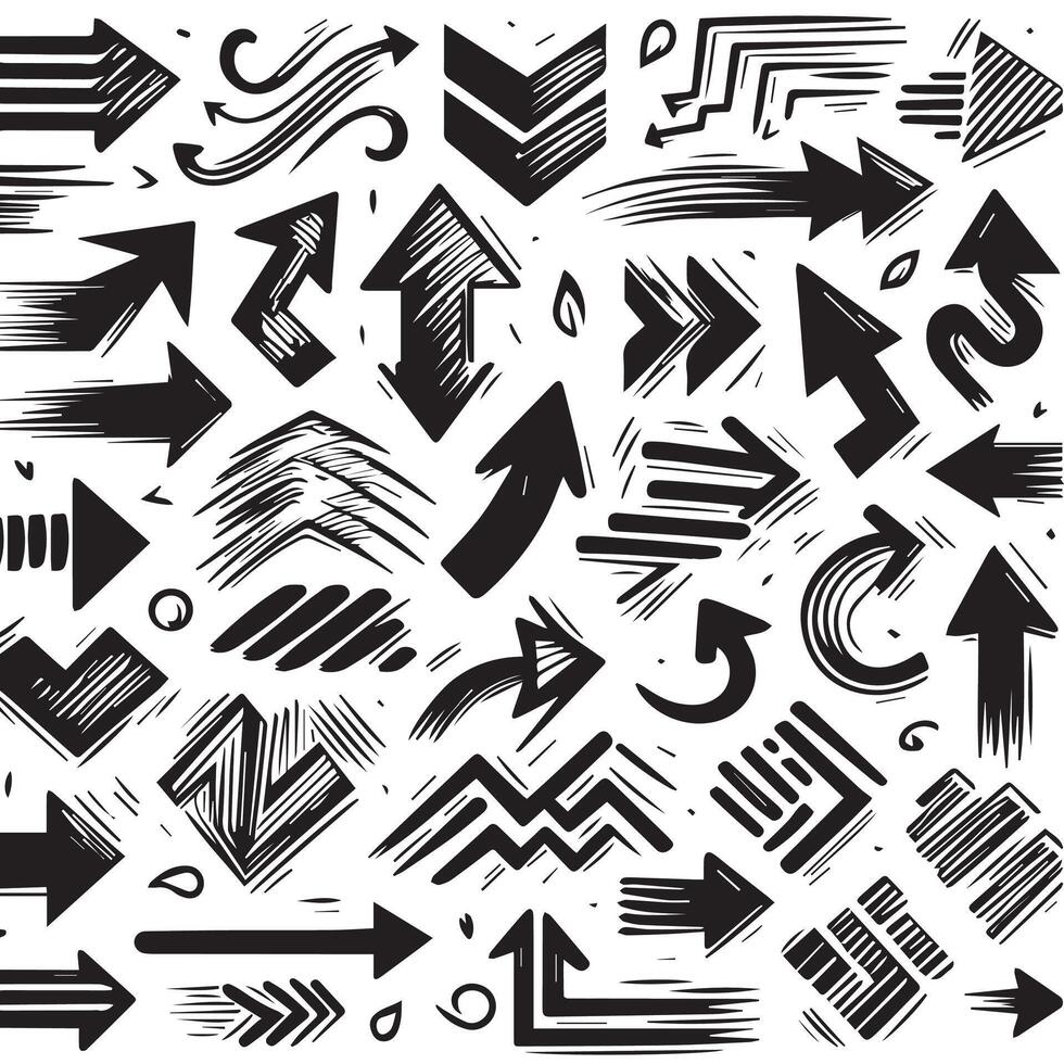 A Collection of Scribble Arrow Strokes in Varied Sizes and Directions, Black brush stroke arrow set. vector