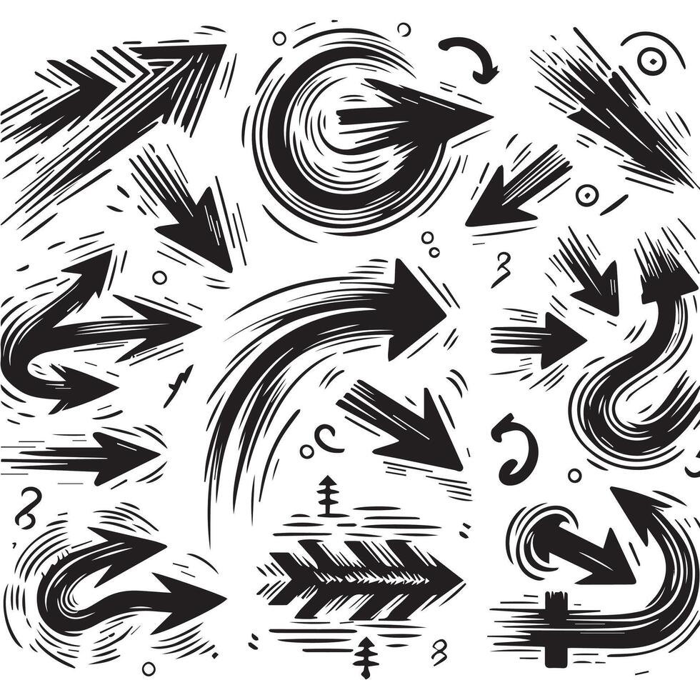 A Collection of Scribble Arrow Strokes in Varied Sizes and Directions, Black brush stroke arrow set. vector