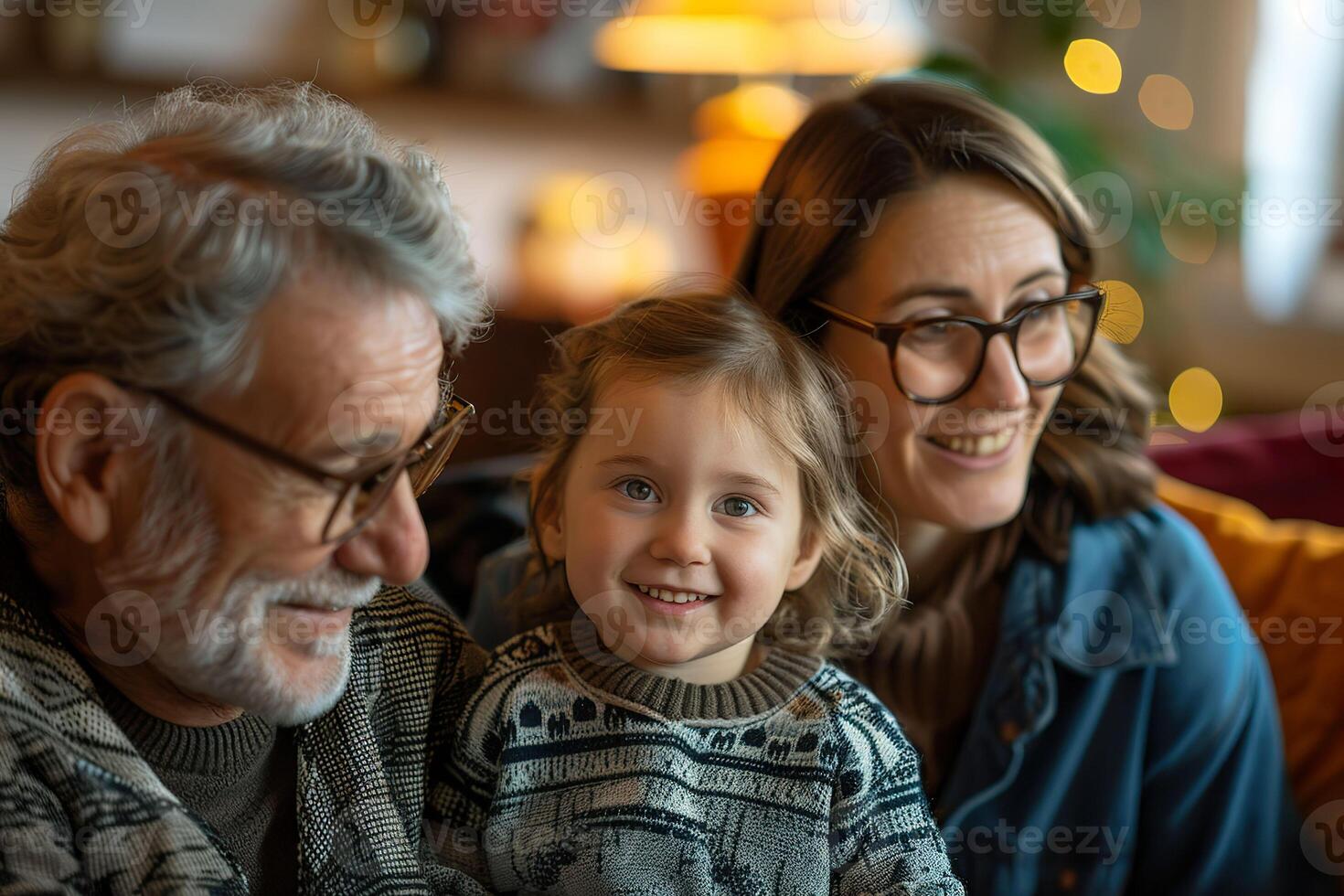 AI generated A heartwarming family portrait capturing the bright smiles of a grandfather, his granddaughter, and her mother. Generative AI. photo