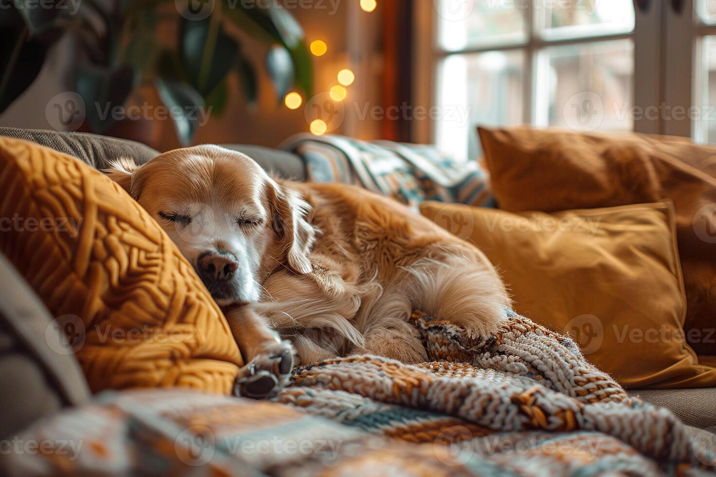 AI generated A charming dog napping peacefully on a couch, surrounded by plush cushions and a warm knitted blanket. Generative AI. photo