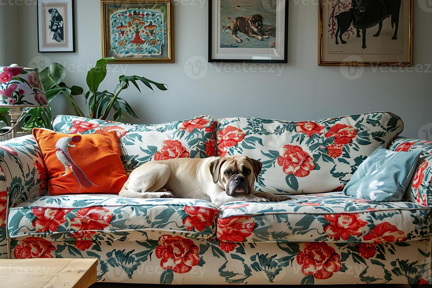 AI generated A charming pug lounges gracefully on a floral patterned couch, complemented by artful home decor and framed dog portraits. Generative AI. photo