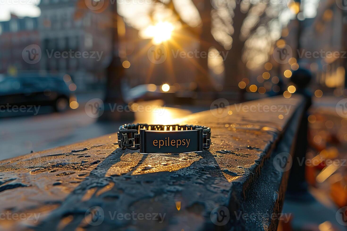 AI generated An epilepsy awareness bracelet rests on an urban ledge, highlighted by the warm glow of a sunrise. Generative AI. photo